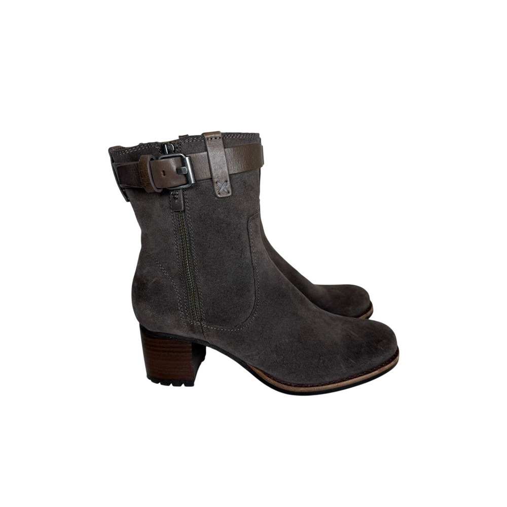 Frye Suede Ankle Boots Women 8M Gray Leather Buckle Strap Moto Block Heel